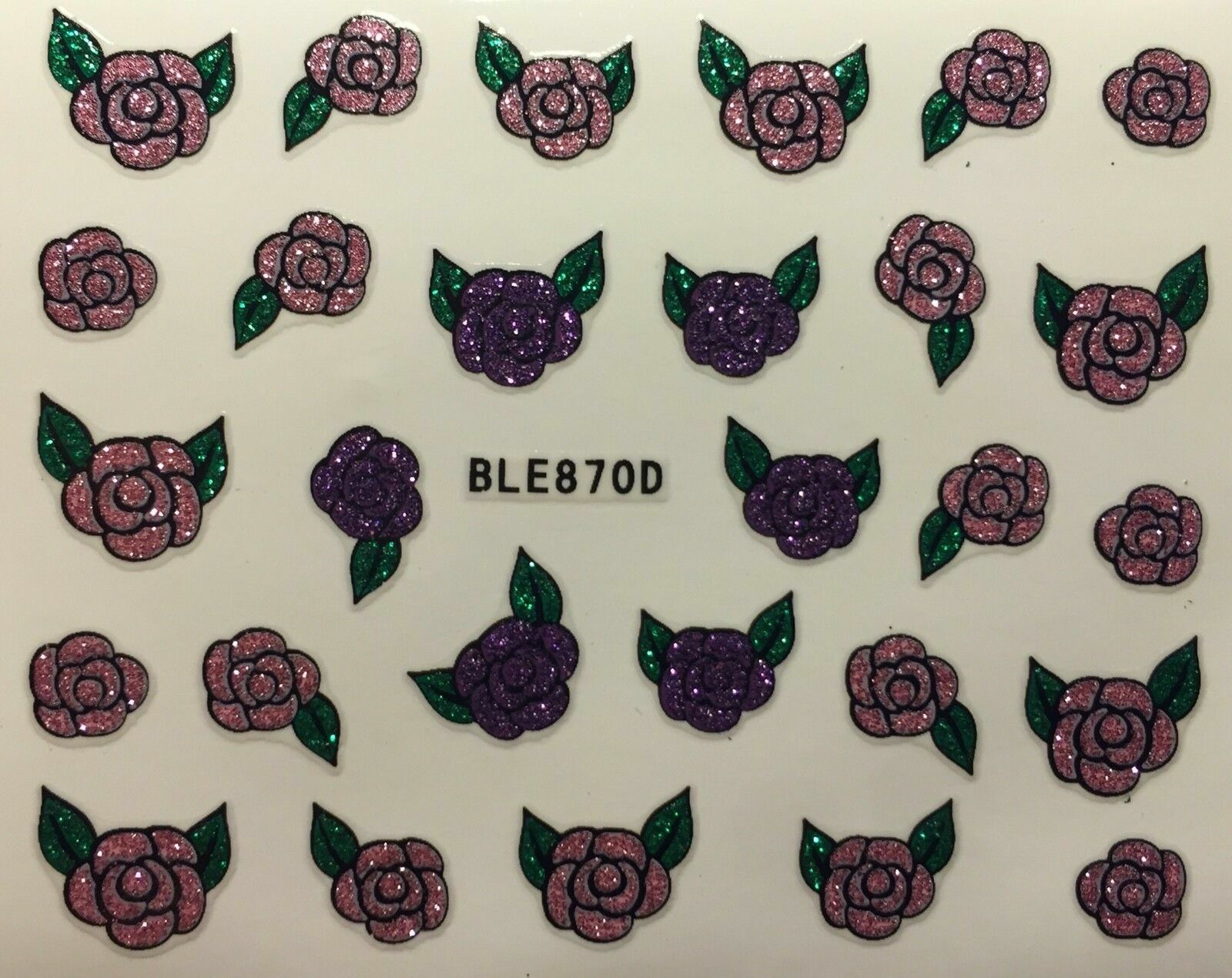 Nail Art 3D Decal Stickers Pink Purple Glittery Roses BLE870D