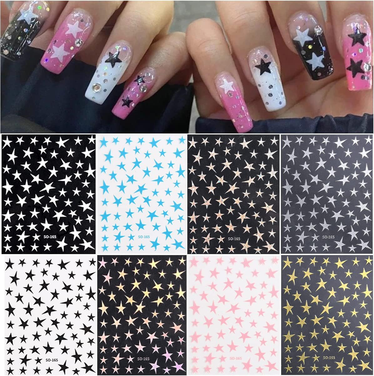 8 Sheets Star Nail Art Stickers Decals Designer Nail Art Supplies 3D Glitters St