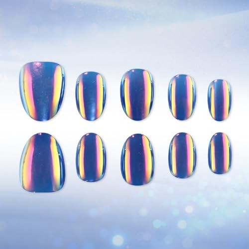 Aurora Blue Metallic Fake Nails – Oval False Short Style-21 – Metallic Finish