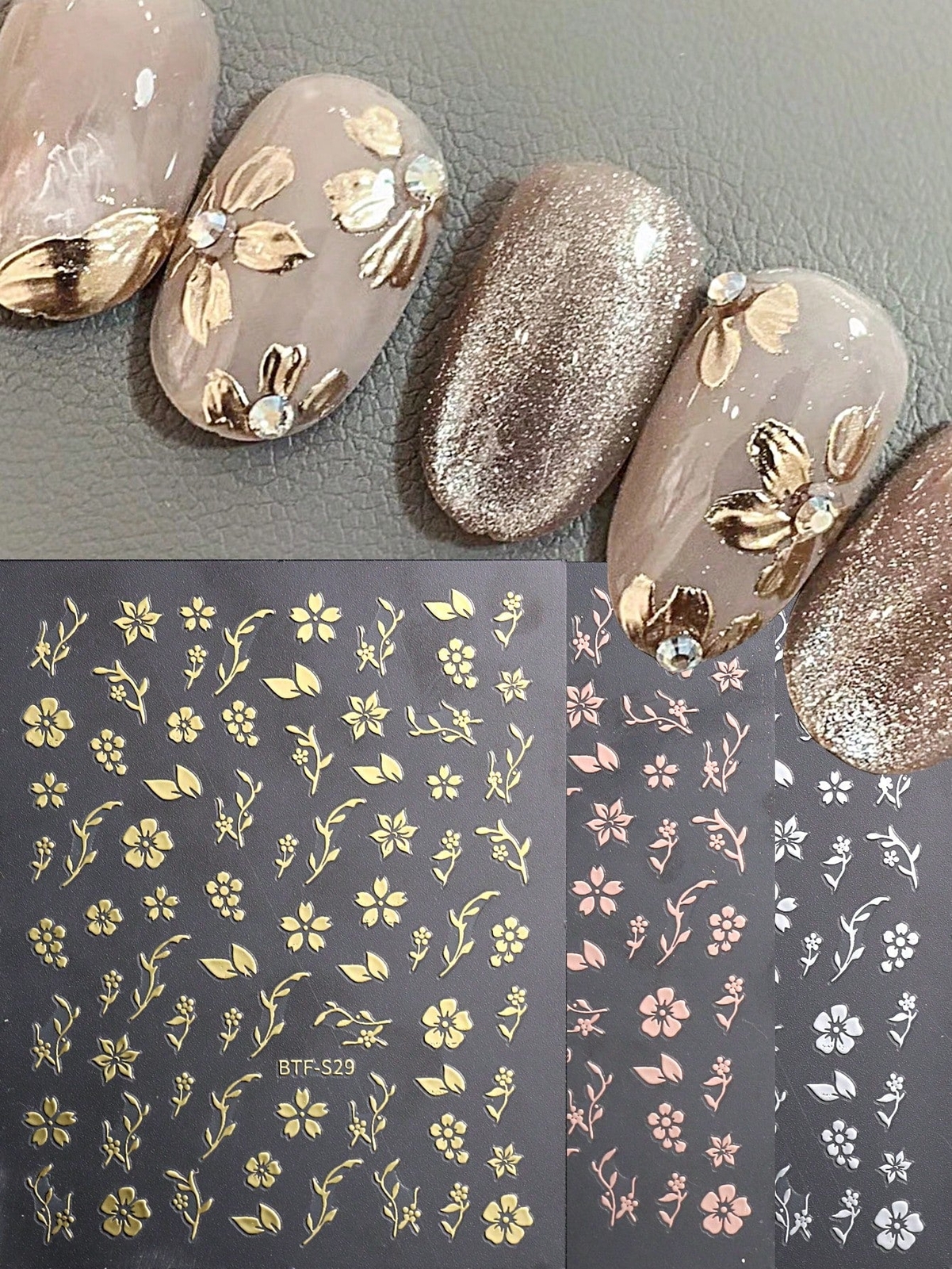 3pcs Flowers Nail Art Stickers Gold Rosegold White Spring Summer Simple Florals