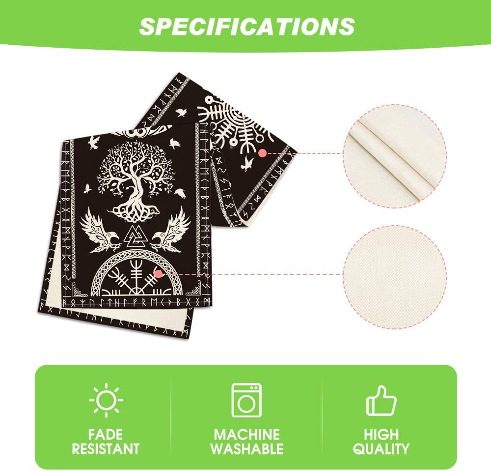Black Viking Tree of Life Raven Helmet of Awe Table Runner, Seasonal Kitchen Din