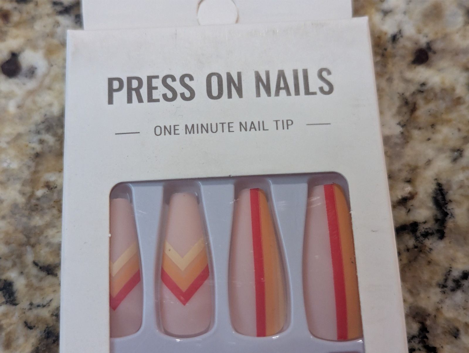 Press On Nails One Minute Nail Tip #57 Long Red Yellow Orange Stripe Design 24ct