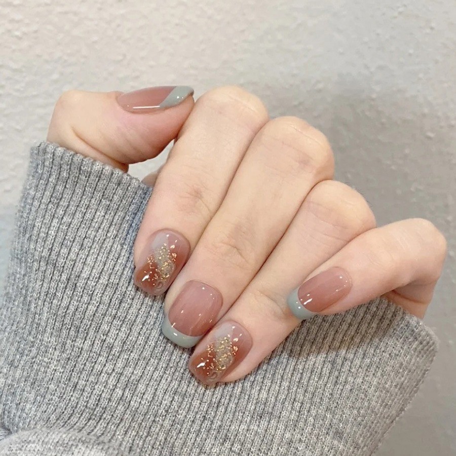 48 Pcs Grey French Gold Foil Press on Nails, Short Square Nude Daily Fake Nails