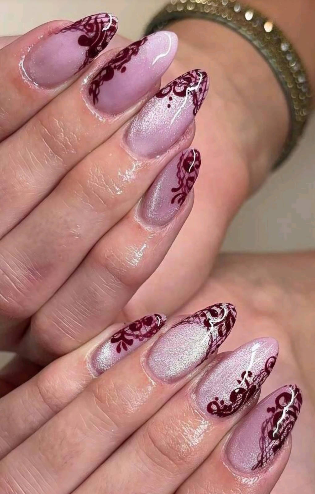 Press-On Nails Pink Glitter w/Burgundy Scrollwork Vintage Vibe Long Almond Shape