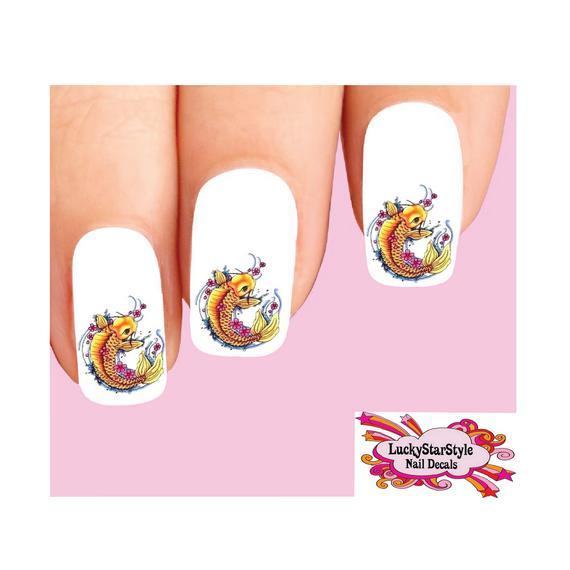 Waterslide Fish Nail Decals Set of 20 – Japanese Tattoo Koi with Cherry Blossoms