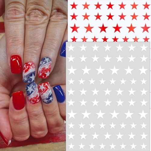 4th of July Nail Art Stickers, 6 Sheets Shiny Star Nail Red White Blue Star