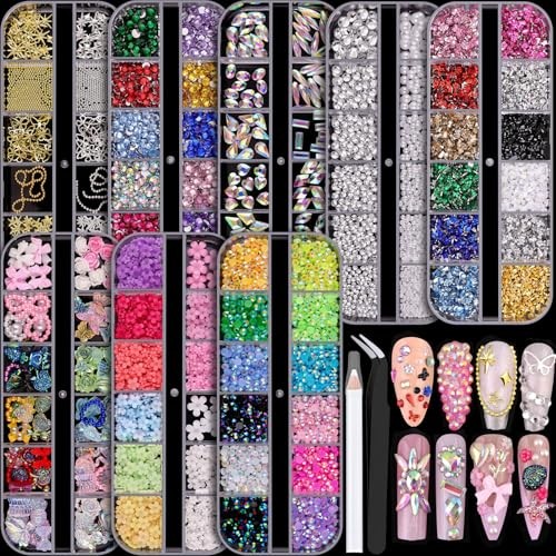8 Boxes Nail Charms and Gems for Manicure, Flat Pearls Nail Flowers Nail