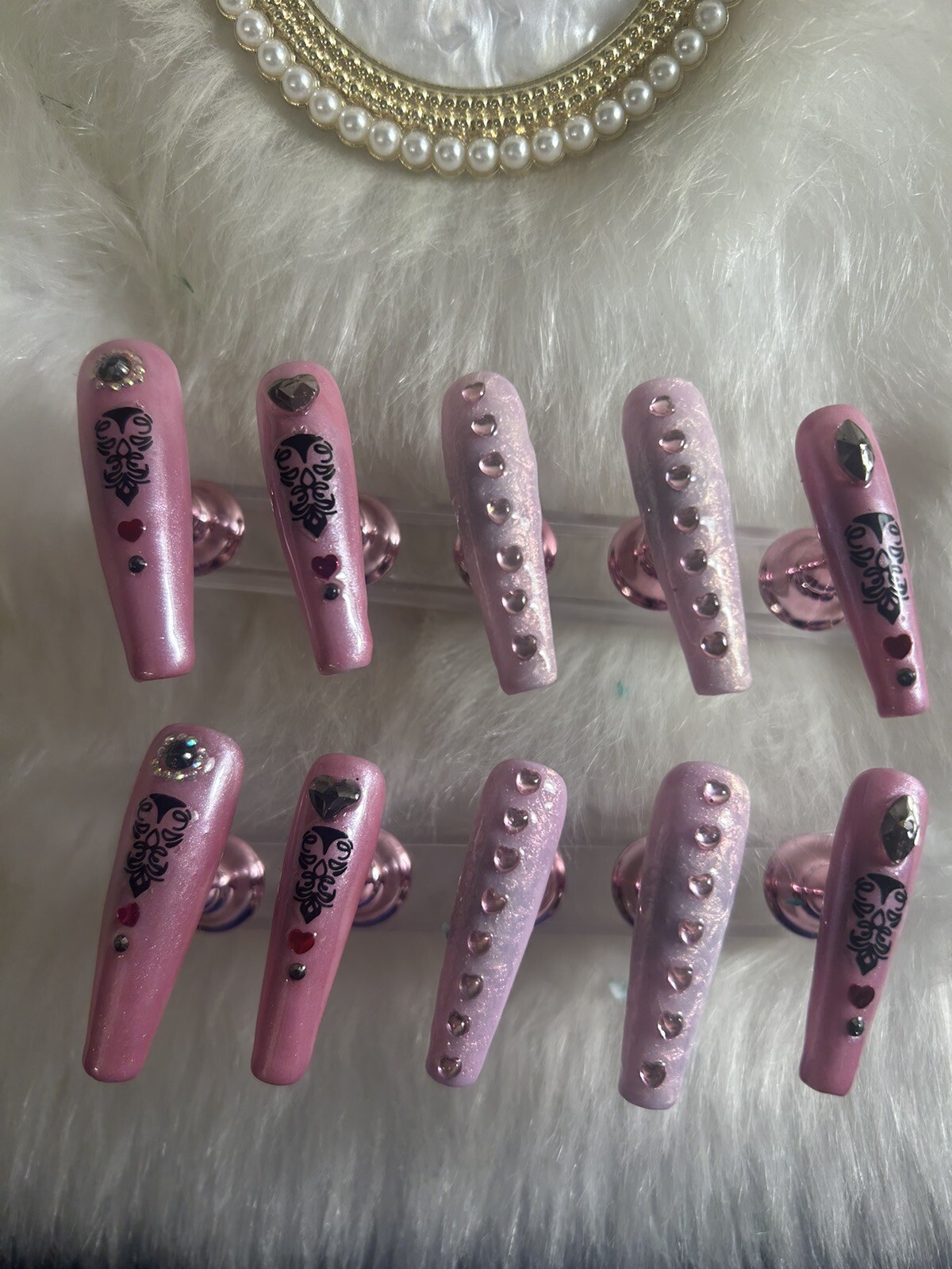 Z NAILZ! 10 Pc Handmade Set 2XL Coffin Pink W/heart Stones Shiny Press On Nails
