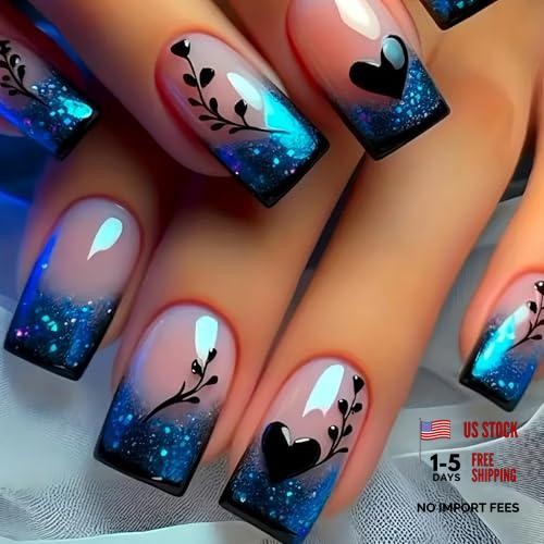 Blue Gradient French Tip Press on Nails Short Square Shaped False Style 14