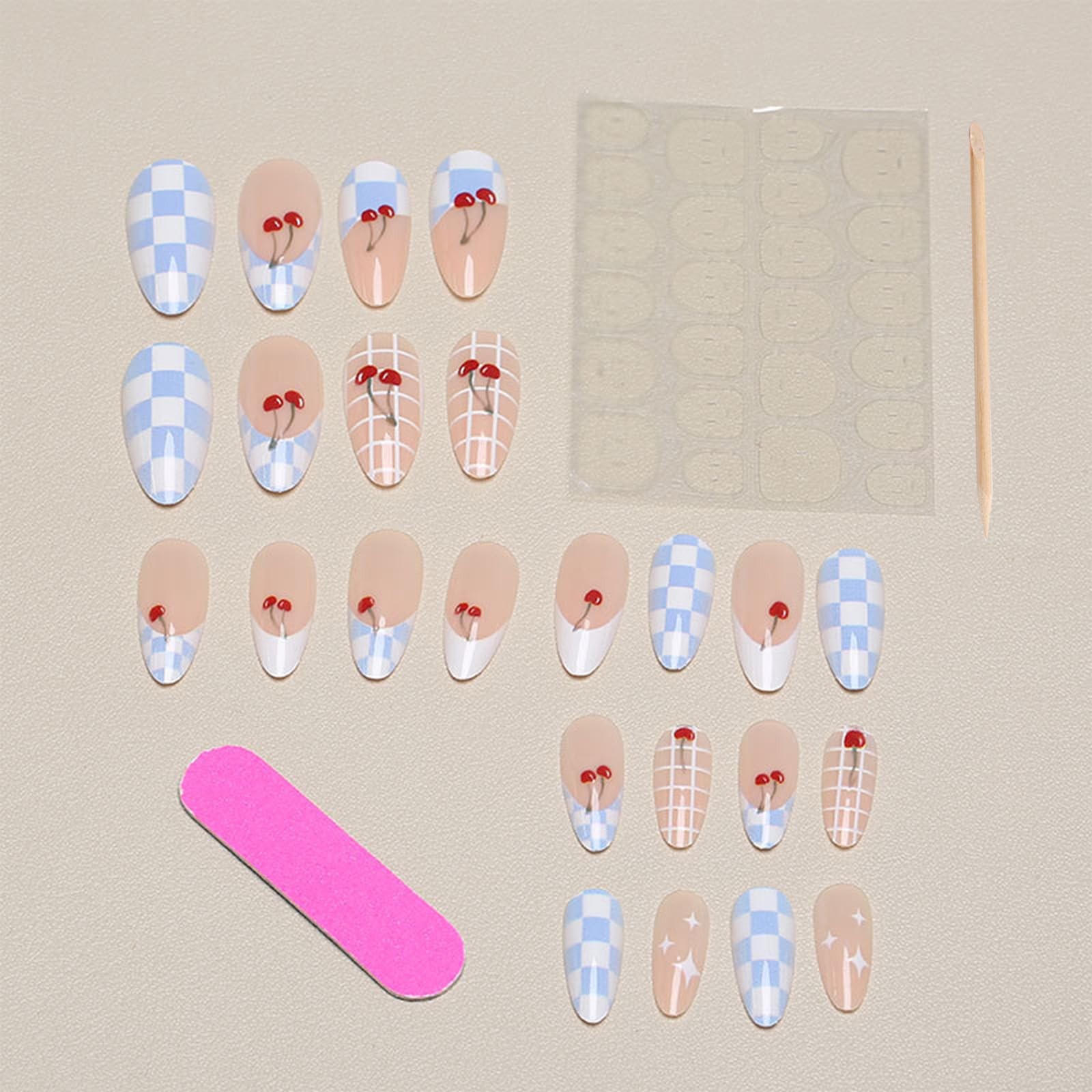 24Pcs Lattice Press on Nails Medium Almond Fake Nails with Cherry Design Glue…