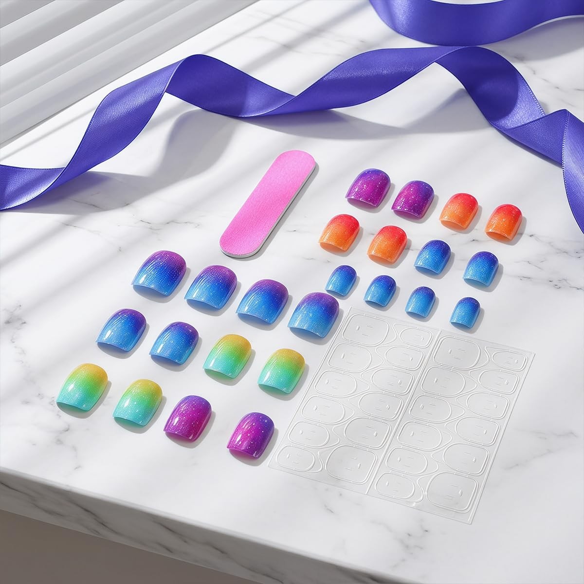 Colorful Glitter Press on Nails Extra Short Square Fake Colorful Ombre Glitter