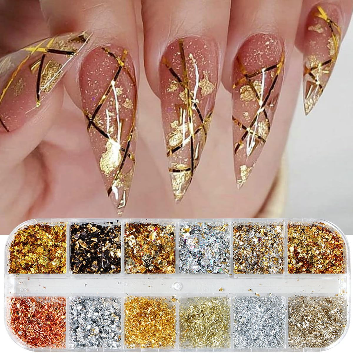 Holographic Nail Glitter Gold Foils for Kit, 12 Grids Sparkly Ultra-Thin Aluminu
