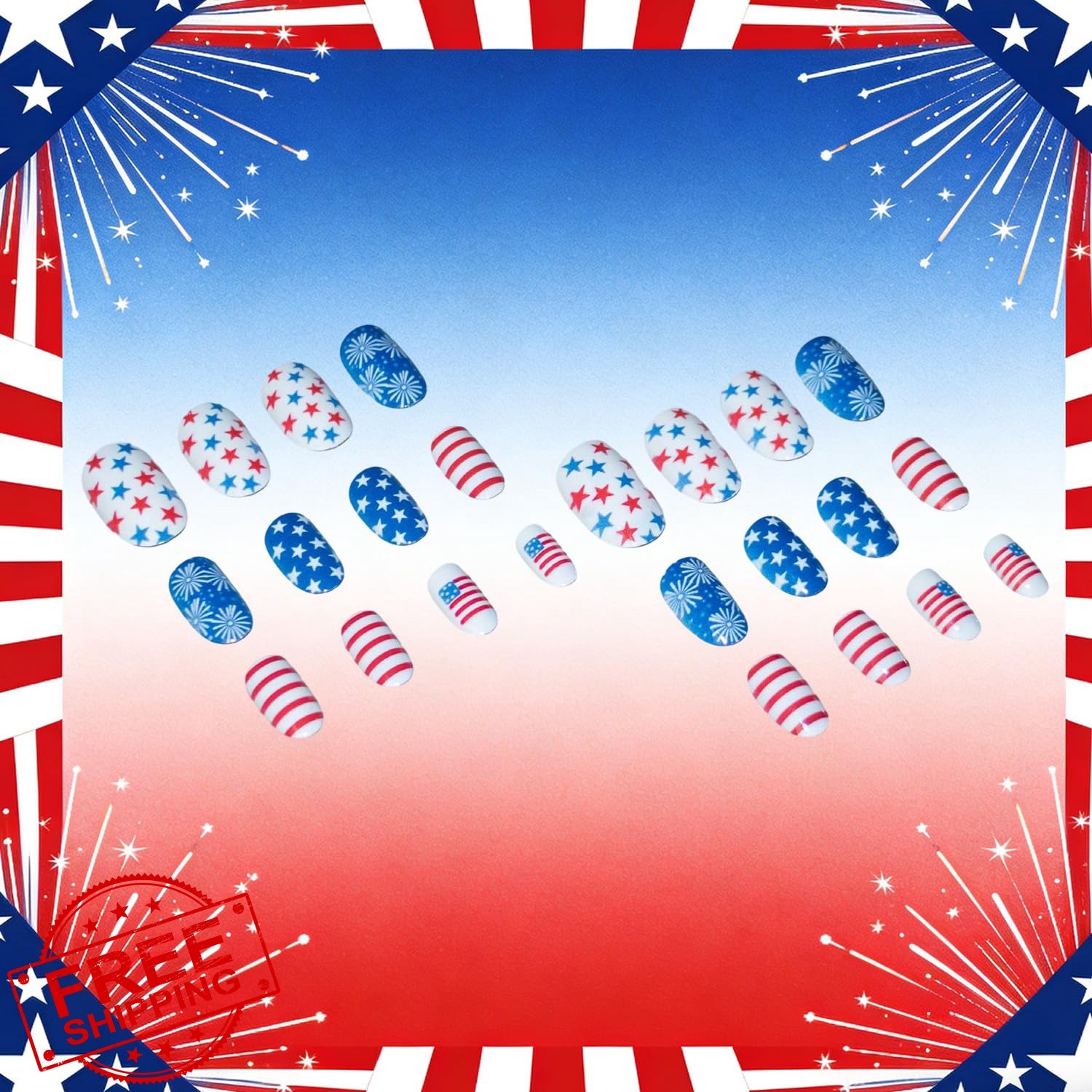 TBRZTR 4th of July Oval Press on Nails Fireworks Stars