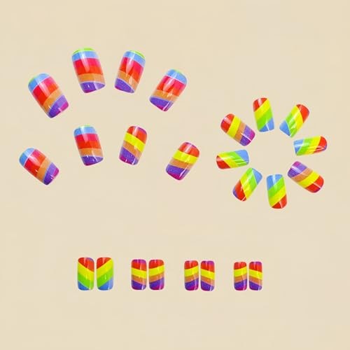 Rainbow Press on Nails Medium Square Fake Nails with Colorful Stripes Style 7