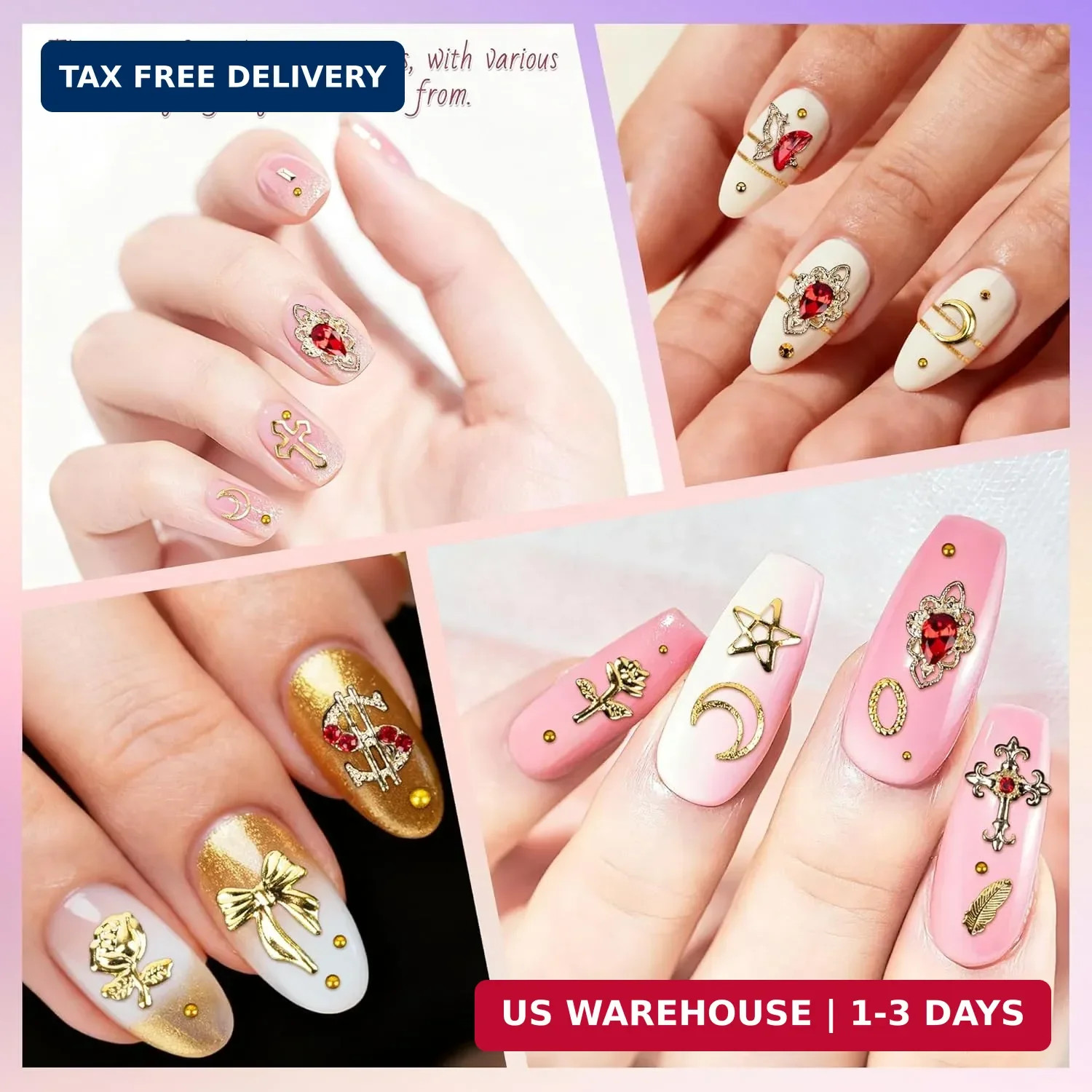 Gold Nail Charms and Nail Gems with 4 Boxes of Rhinestones 3D Metal for Nail Art