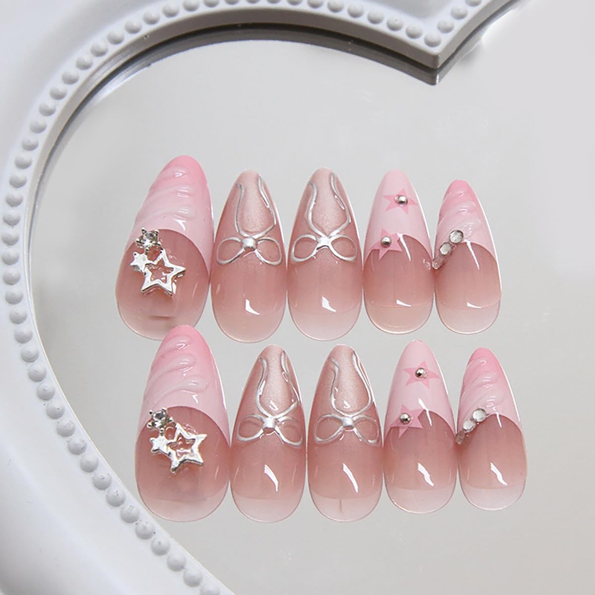 24Pcs Pink French Tip Press on Nails Medium Almond Fake Nails with Rhinestone…