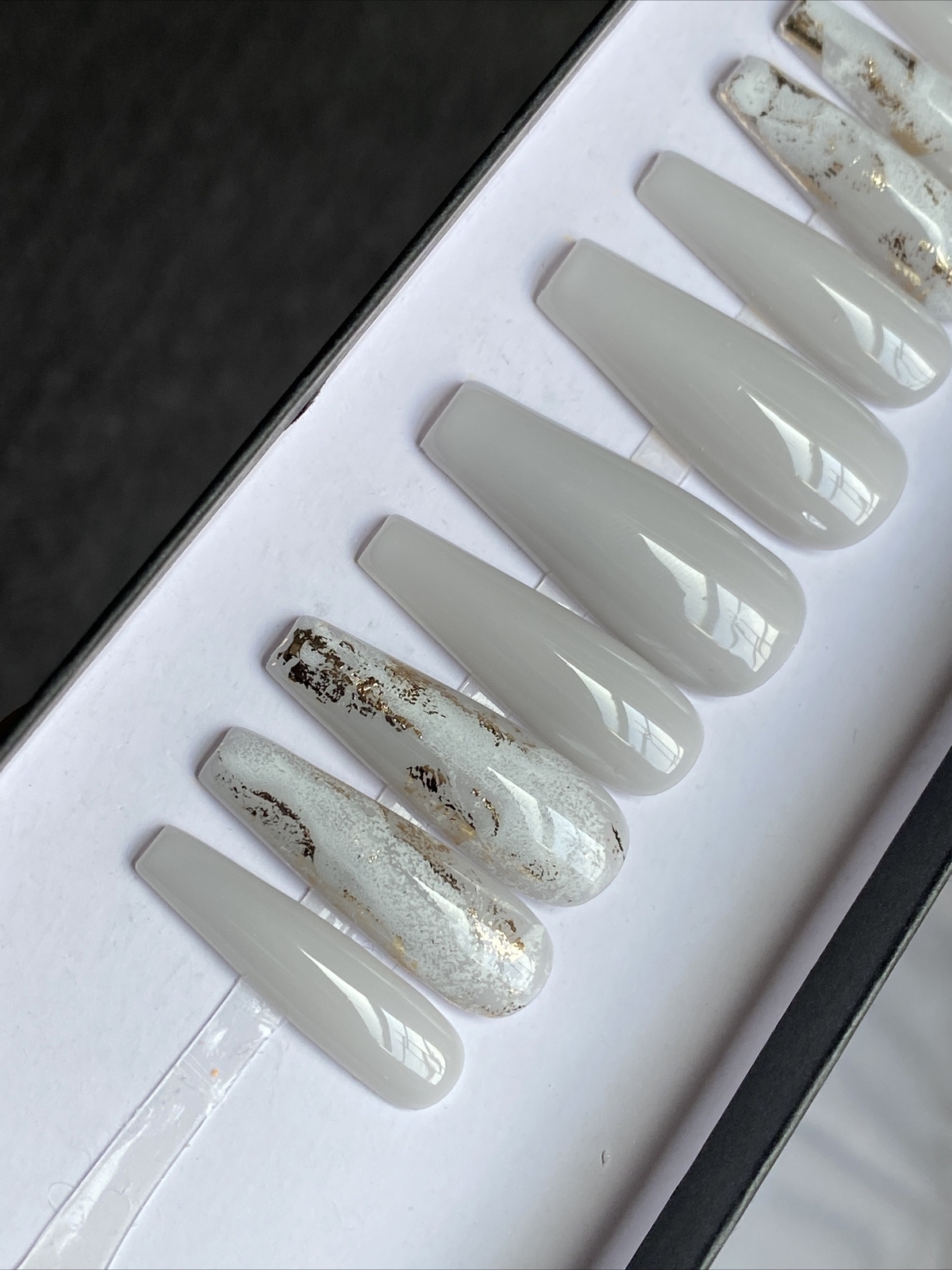 🔥CUSTOM Gel Press On False Nails, Sheer Light Grey GOLD flakes, 10p W FULL KIT