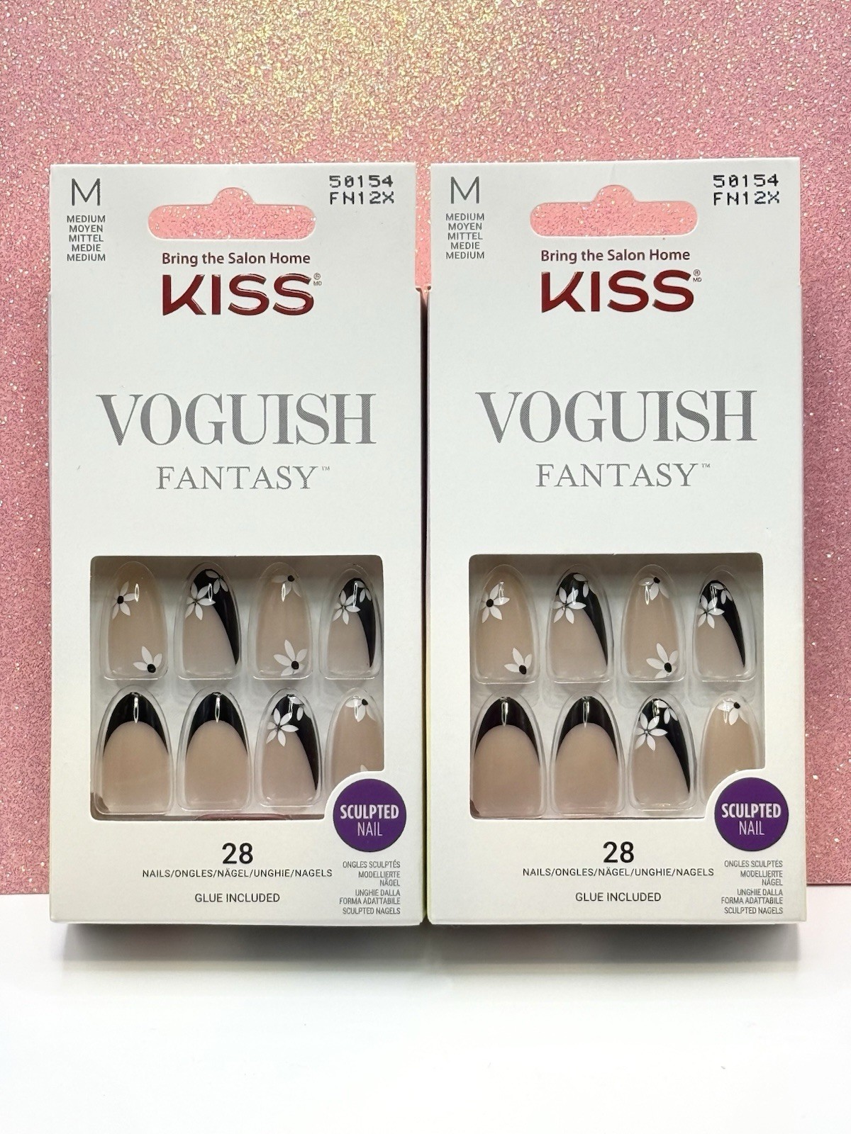 Kiss Voguish Fantasy Press-On Nails Medium Almond Black White Flowers Lot Of 2