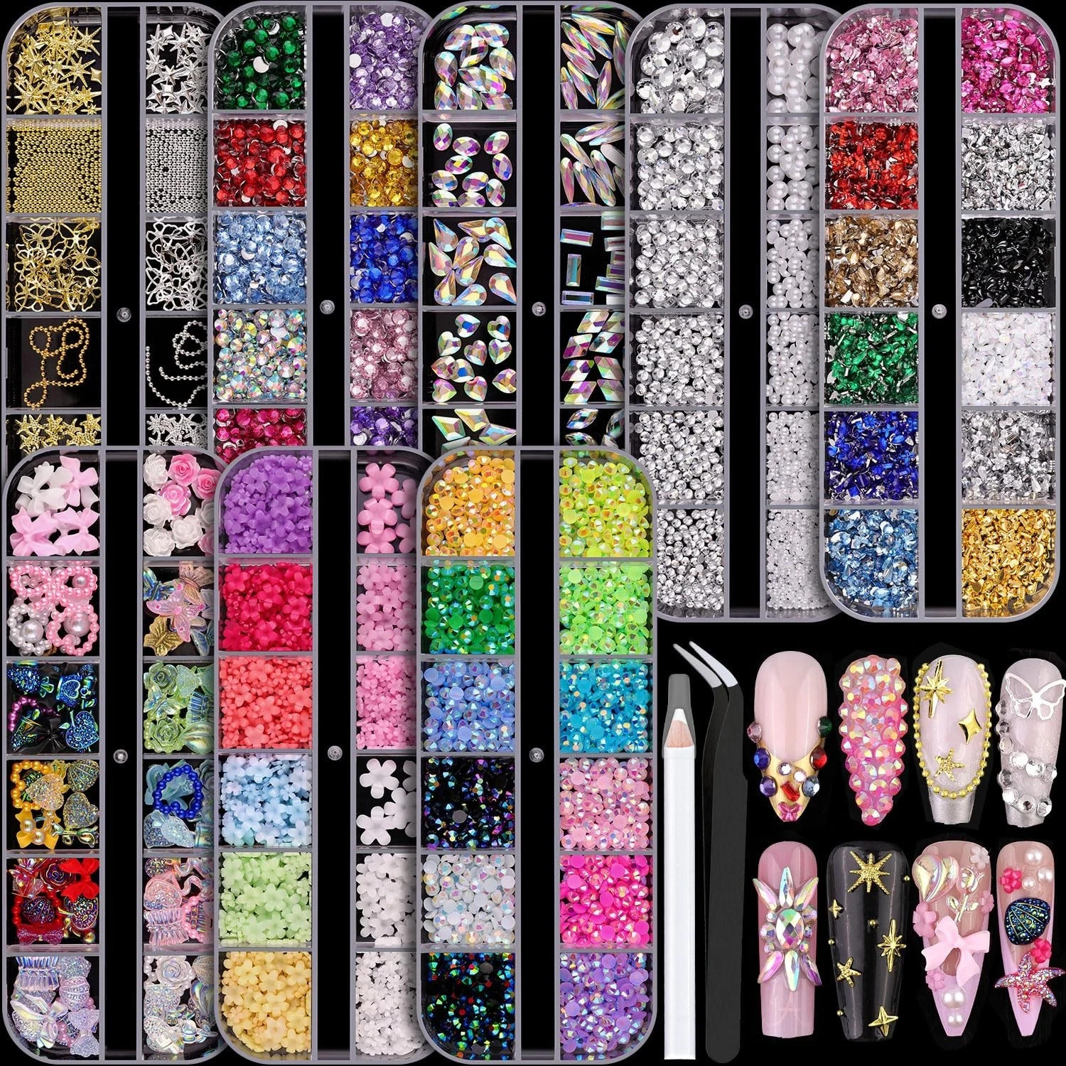 8 Boxes Nail Charms and Gems for Manicure, Flat Pearls Nail Flowers Nail Rhin…