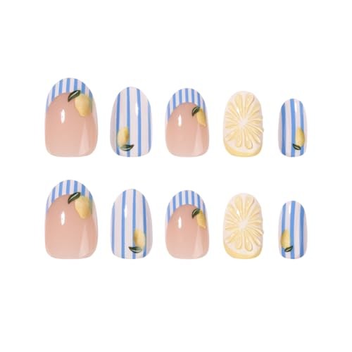 Summer Press On Nails Oval – Cute Blue Striped & Yellow Lemon Short – Color37