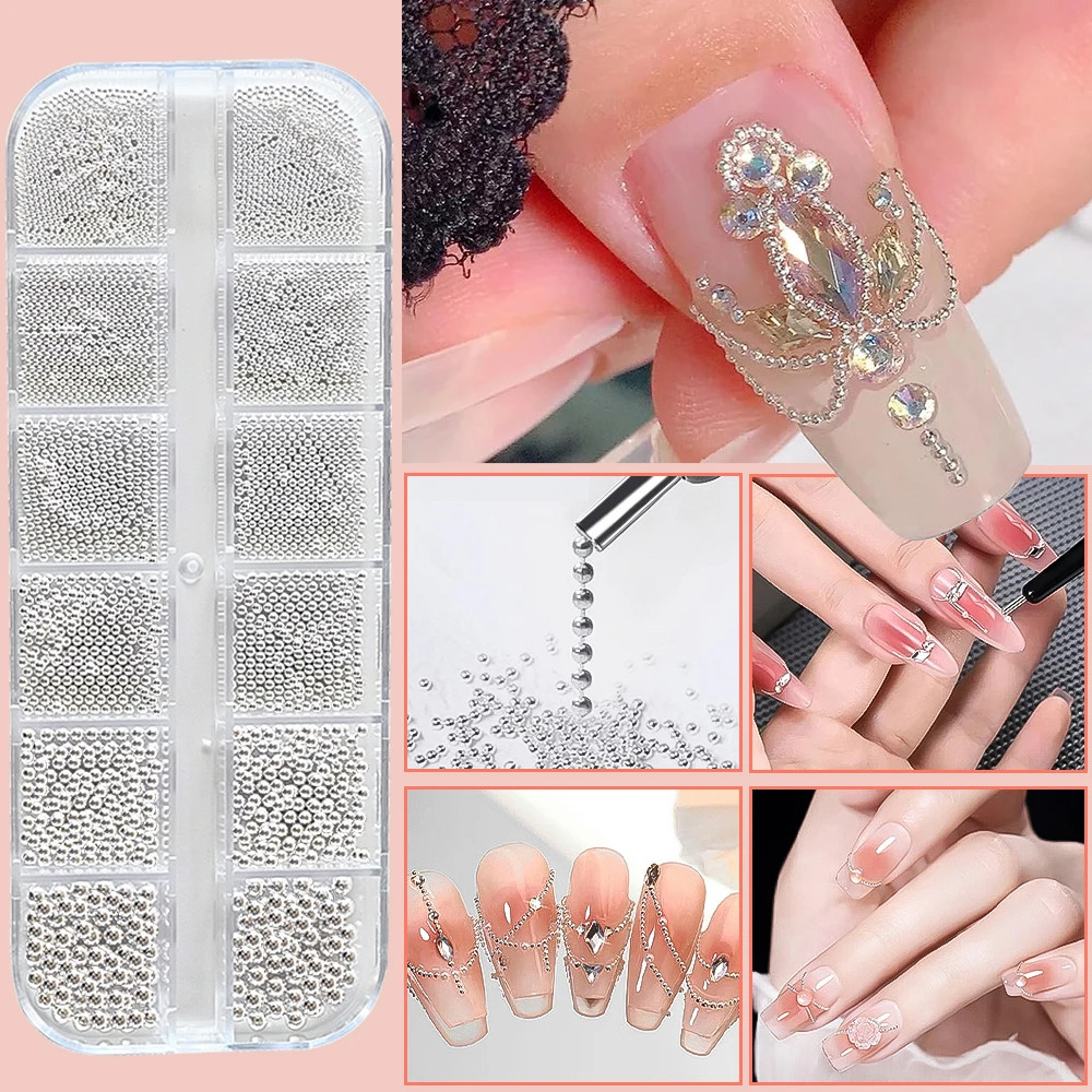 12Grids Mini Caviar Beads Nail Art Decorations Metal Gold/Silver Micro Ball Nail