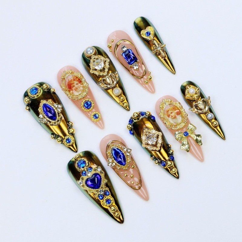 Custom Pure Handmade Nails Gold Sapphire Portrait Bow European Vintage Manicure