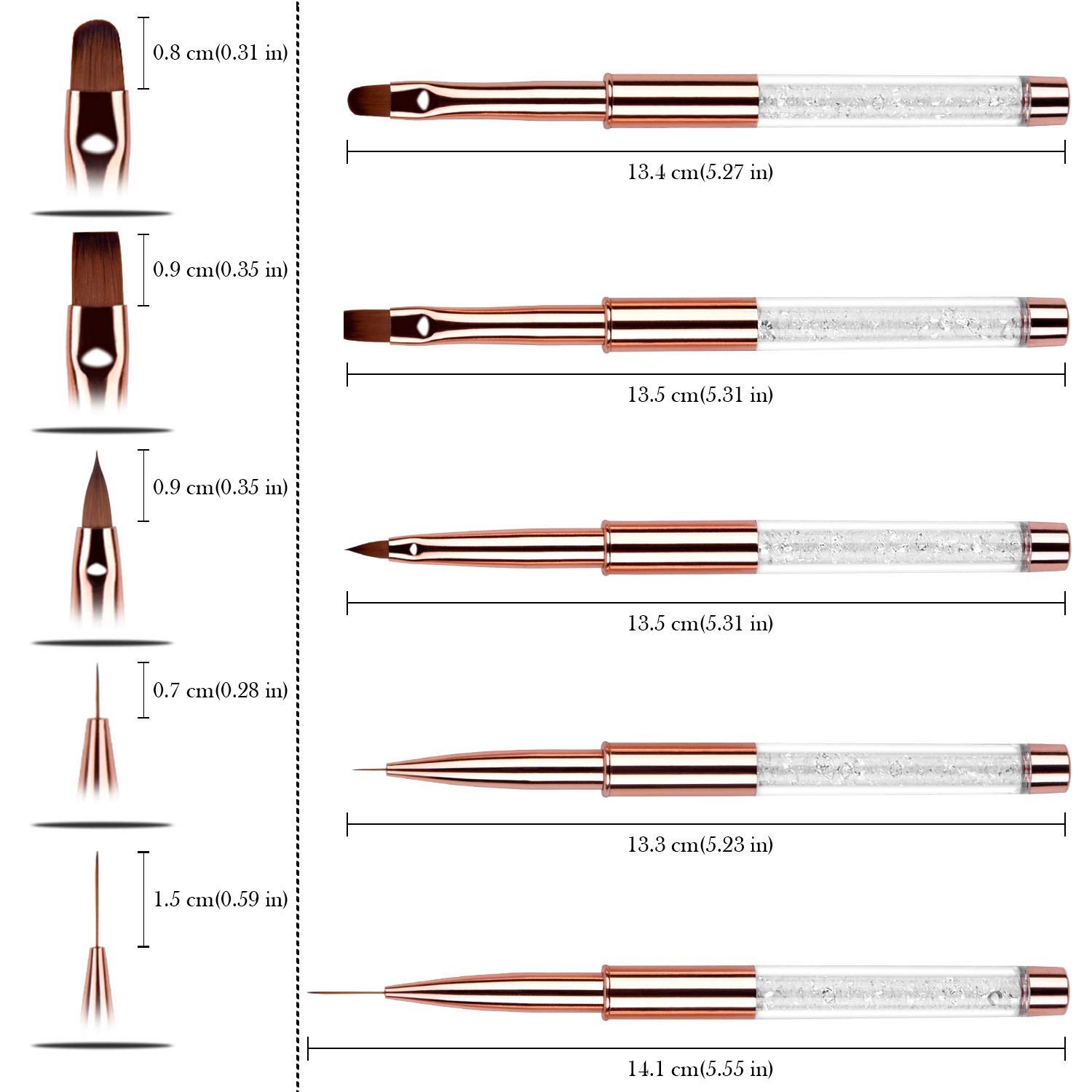 5pc Nail Art Brush Set – Rose Gold Rhinestone Handles, Gel Polish & Liner Brushe