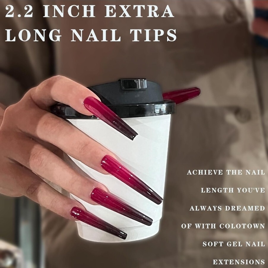 Colotown Extra Long Soft Gel Nail Tips, 240 Pcs 2.2 Inch Full Cover 3XL Coffin