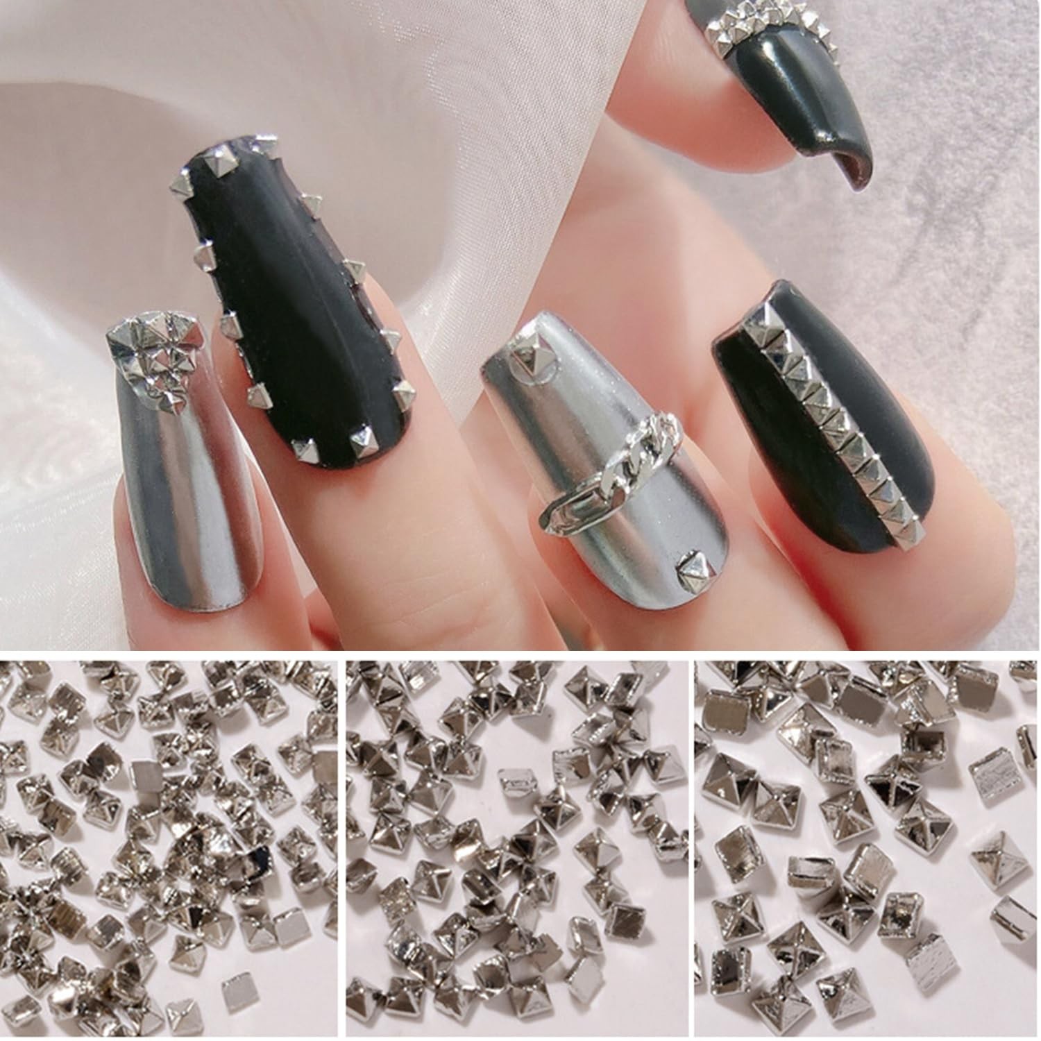 600pcs Silver Square Spire Nail Charms Alloy Mini Metal Rivet Nail Charms for…