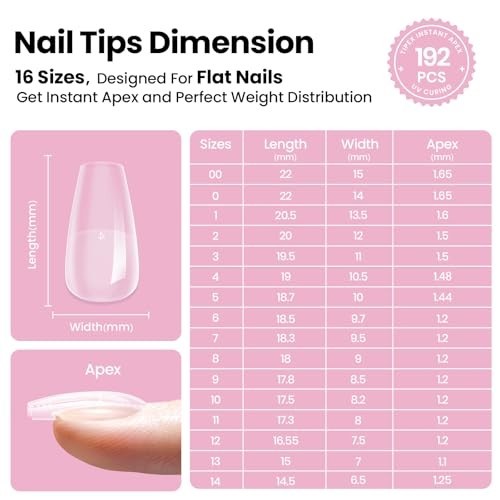 192pcs Coffin Nail Tips Kit – Short Pre-Built Acrylics, UV Glue, Mini Lamp & Too