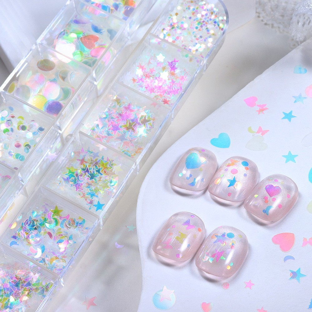 Glitter Nail Art Sequins 12 Grids Butterfly Star Heart Circle Shapes DIY Decor