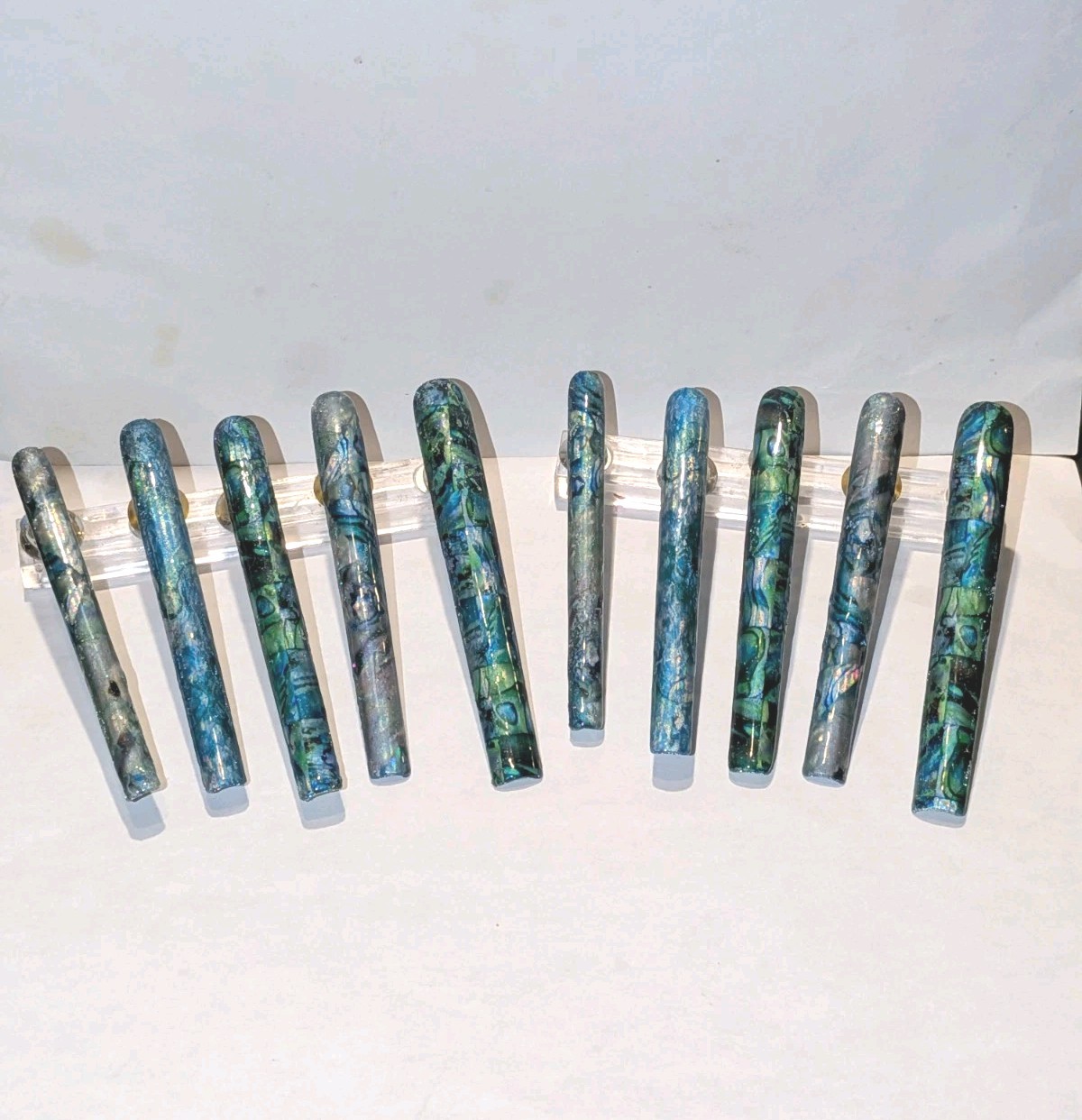 Hand Crafted 6Xl Acrylic Teal and Blue Marble Long Press-On Nails Sz Medium