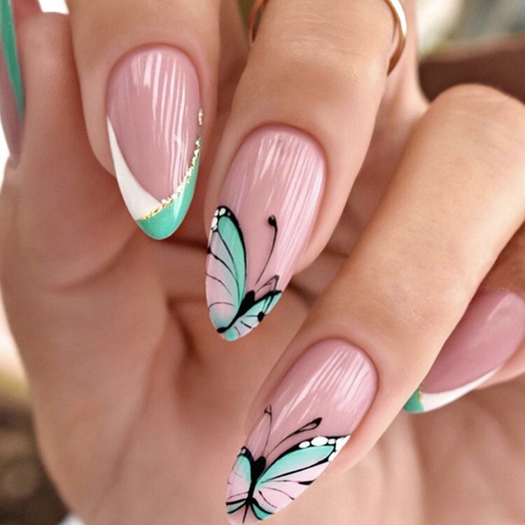 Butterfly Print French Ballerina Press On Nails 24 Pcs, Natural Salon Look