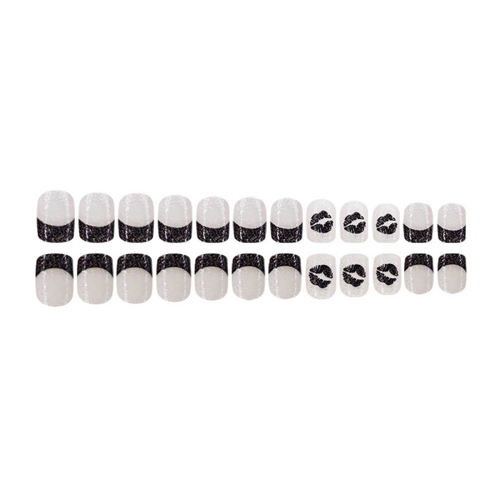 24pcs-Black Glitter French Press on Nails, Short Square Kiss Lips Fake Nails