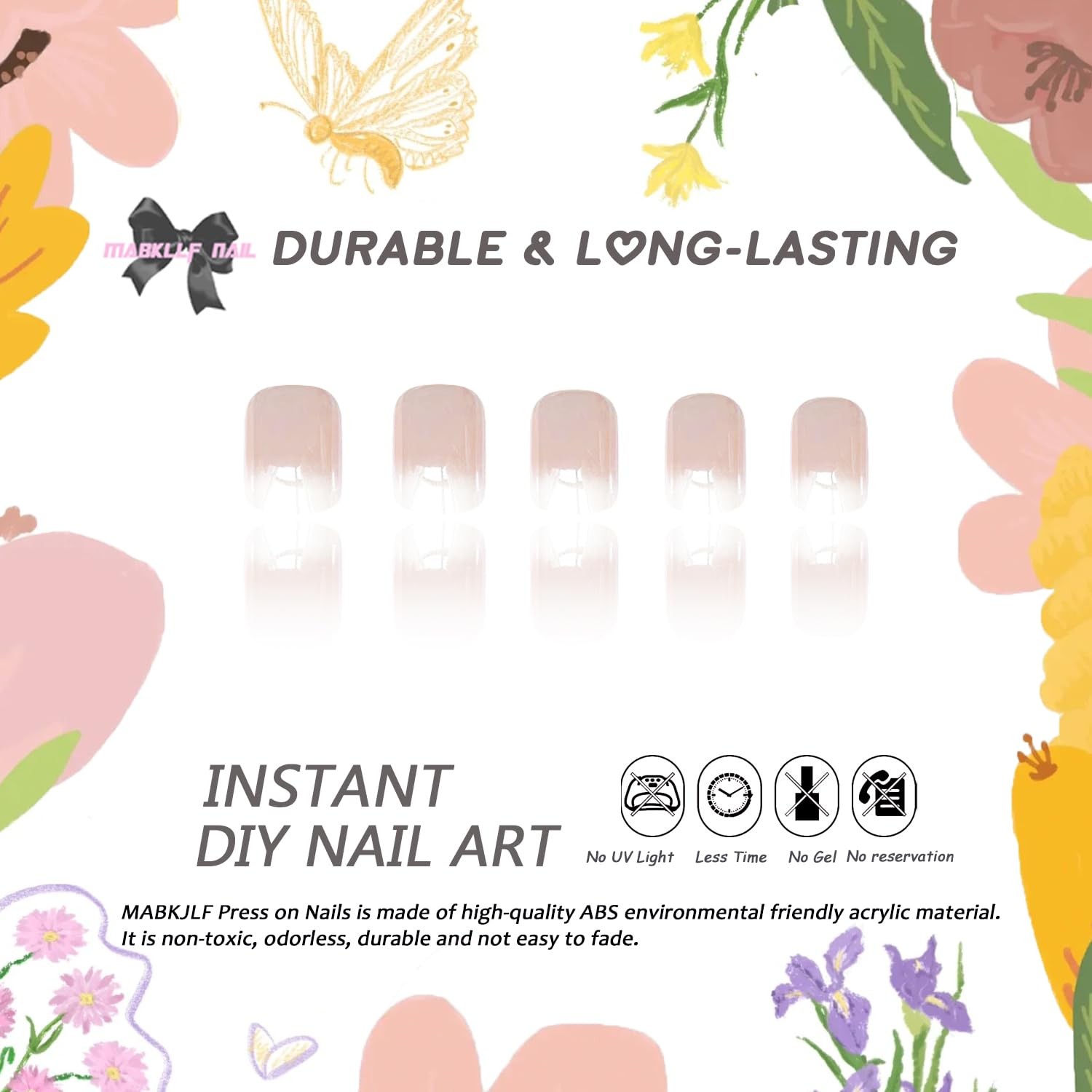 Chrome Press on Nails Short Square White Gradient Fake Nails Nude Pink S26