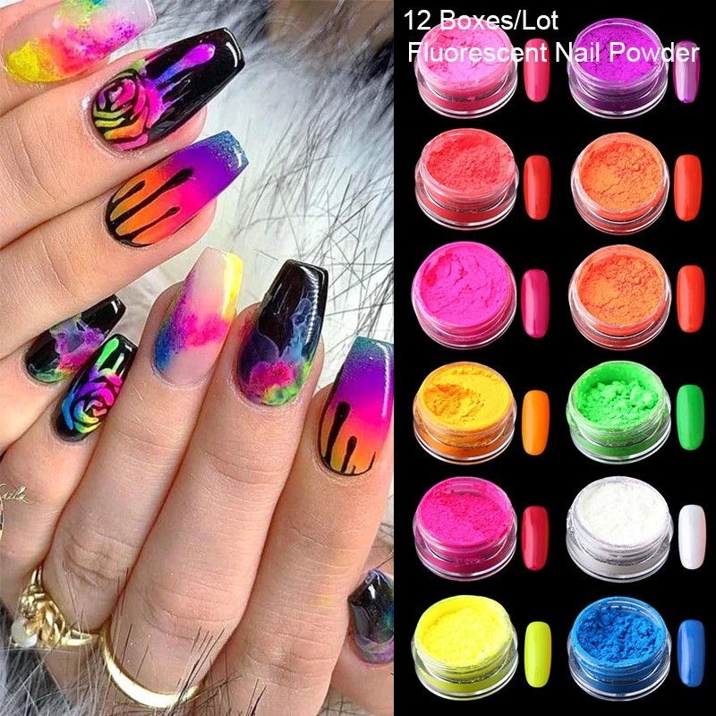12 Colour Set Neon Pigment Nail Art Powder Dust Ombre Smoky Florescent Face Body