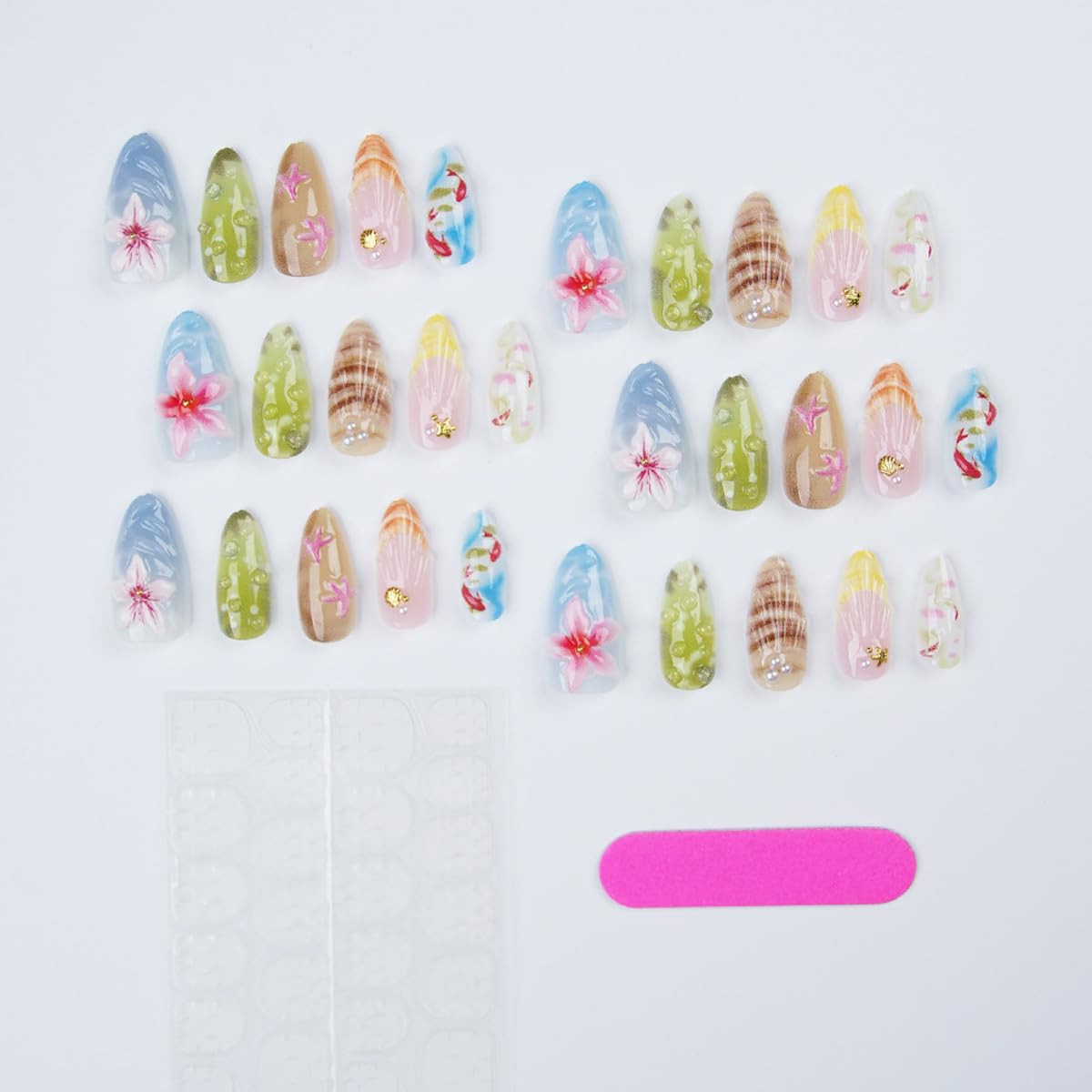 30Pcs Summer Press on Nails Medium Almond French Tip Fake Nails 3D Gold Shell Rh