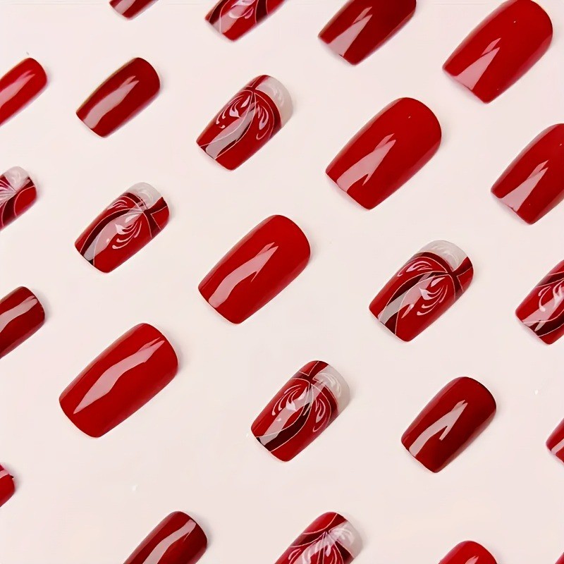 48 Pcs of Red and White Square Embossed Nails, Removable and Reusable Fake Nails