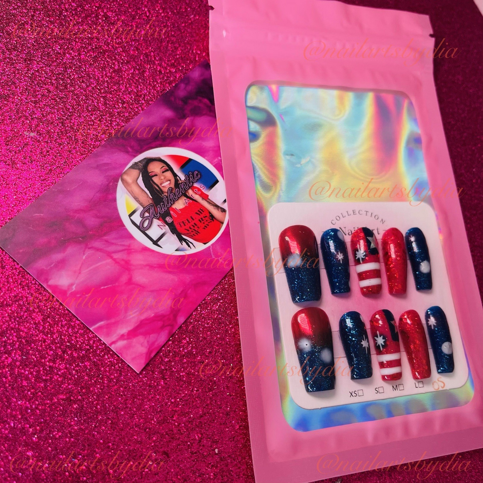 Authentic Nail Arts by Dia Square Press-On Nails Red Blue Glitter Stars