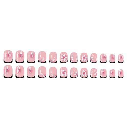Short Square Press on Nails – Black French Tip Glue ons – Pink Aura 8302Black