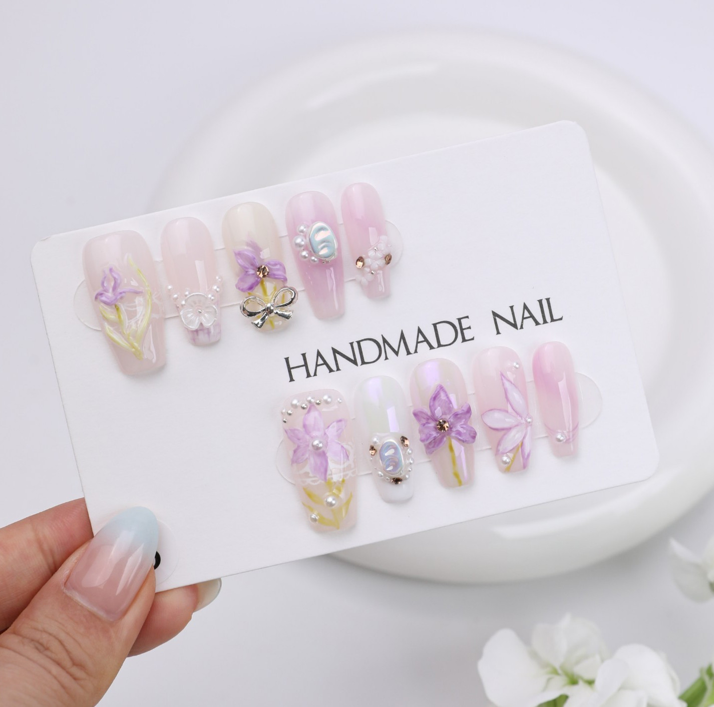 Handmade Pink Purple Lily Press On Nails Medium Coffin Pearl Bow Fairy Elegant