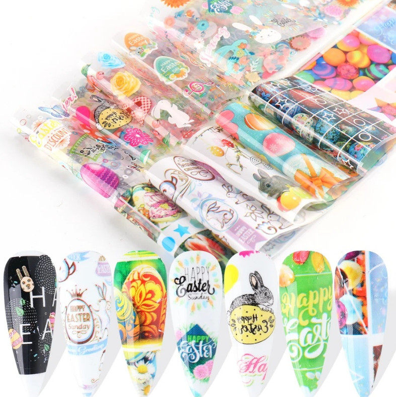 Easter Rabbit Egg Flower Star Butterfly Nail Foil Transfer Sticker 10pcs 20X4cm