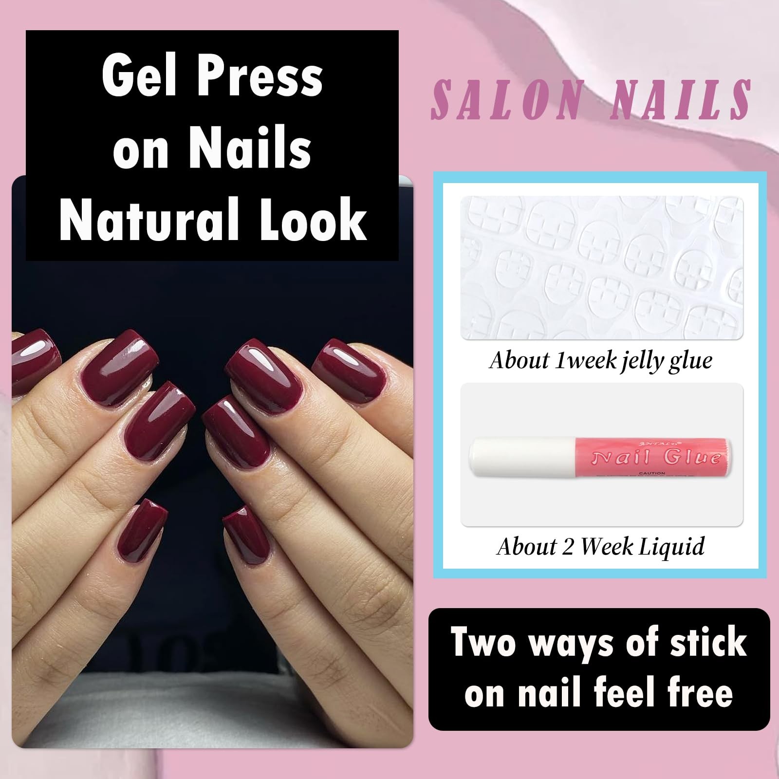 Bellelfin Square Press on Nails Short, 120Pcs Glossy Burgundy Fake Nails Full…