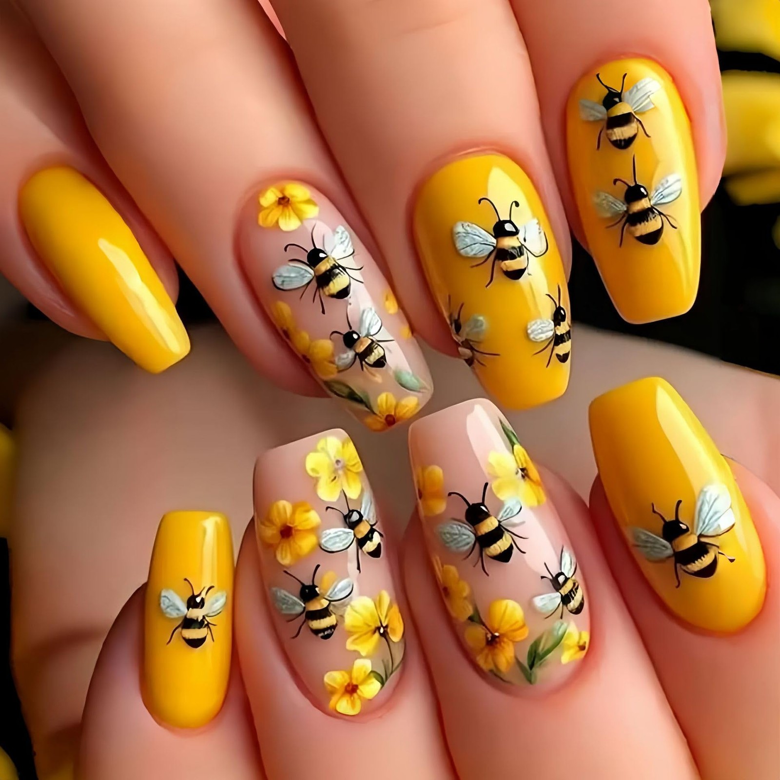 Spring Bee Press on Nails Medium Ballet Fake Nails Yellow Daisy False Nail De…