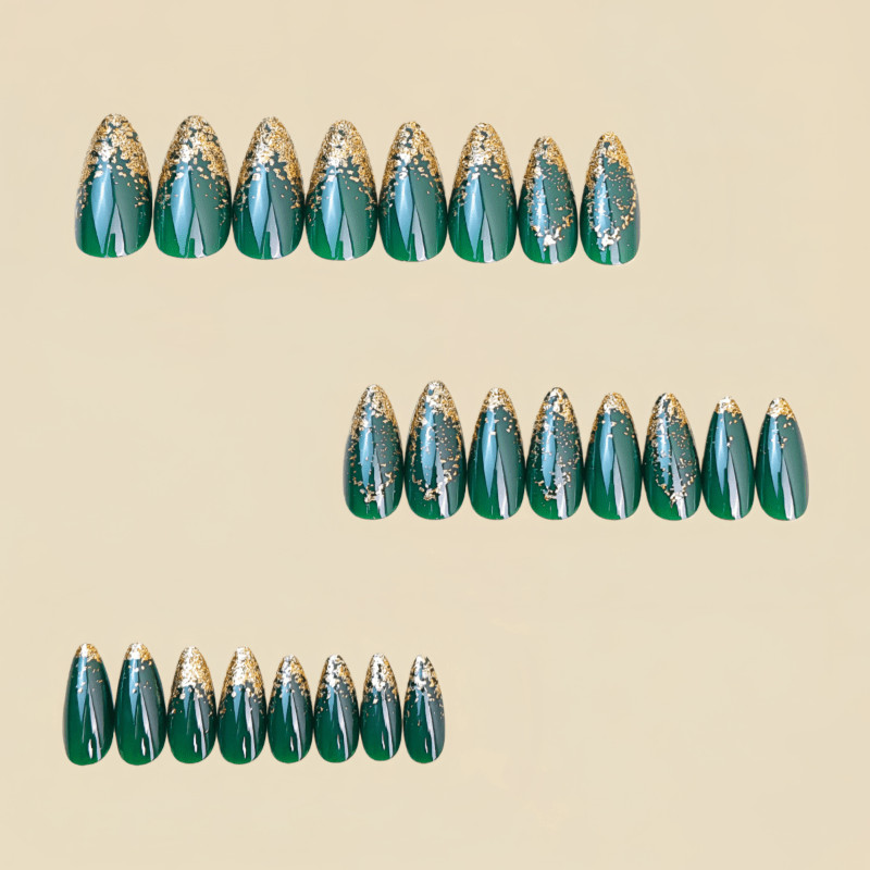 48Pcs-Long Almond Dark Green Gold Glitter Gradient Fake Press on Nails Set