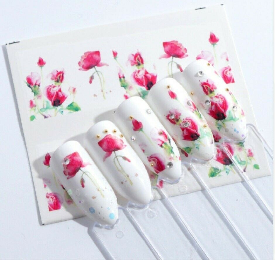 Water Nail Art Stickers Decal Red Blue Flowers Leaf Transfer Decorations NS26
