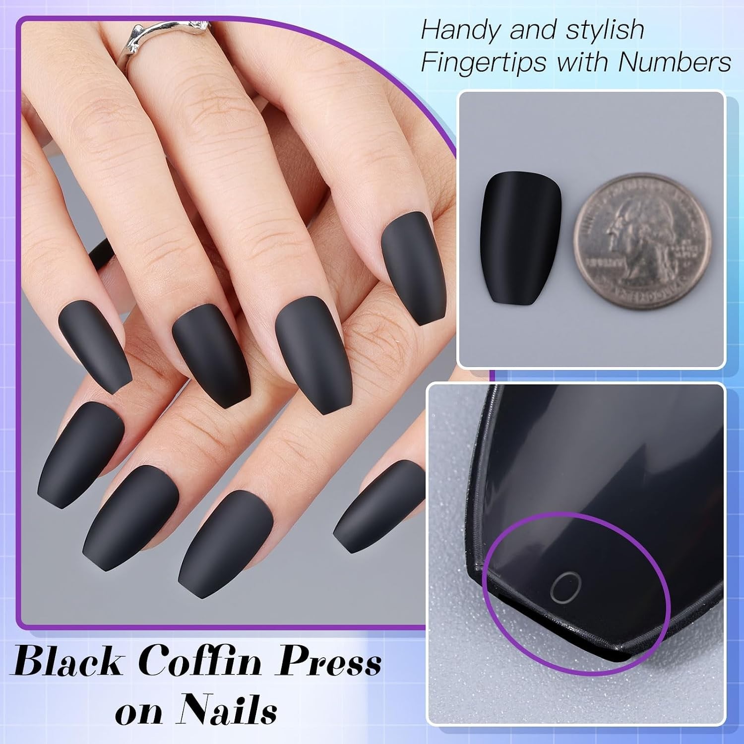 Glamorous 24PCS Acrylic False Nails – Black Matte Finish for Easy Application