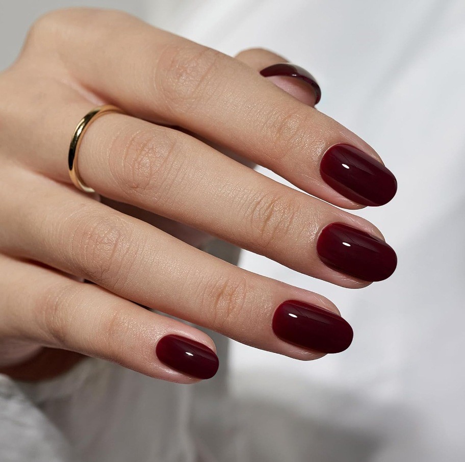 Almond Glossy Dark Red Press On Nails | Wine Red Elegant Classic False Nails