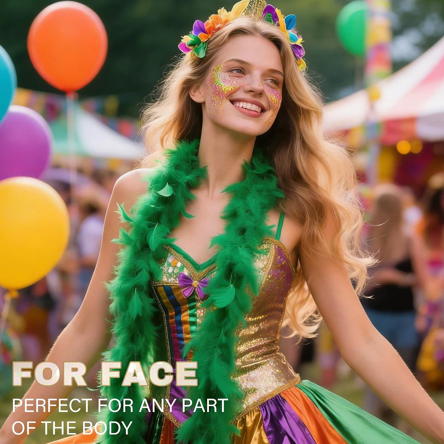 Roll-On Face Body Glitter Gel for Mardi Gras Rave Makeup, 1.69 Oz | Gold Green P