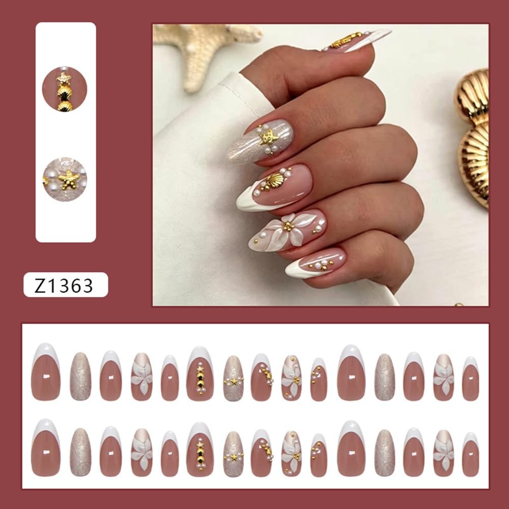 3D Flower French Press on Nails Almond Medium Summer Fake Nails with Gold Sta…